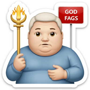 fat guy holding sign that says “god hate fags” sticker