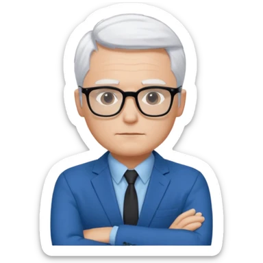 Man wearing thin black glasses, short white hair, blue suit, open blue shirt, arms folded,  sticker
