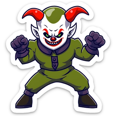 evil clown warrior, bald, very short black devil-like horns on forehead, fangs, pointed ears, black and military green leisure suit, realistically proportioned, bulky and muscular human body, full body visible, battle-ready fighting posture sticker