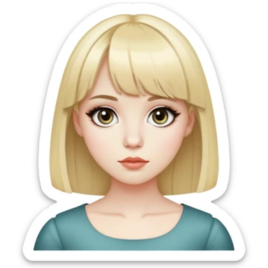 Pele pálida, rosto redondo, cabelo médio escuro, com duas mechas loiras, franja, olhos grandes, estilo fofo e coquette sticker