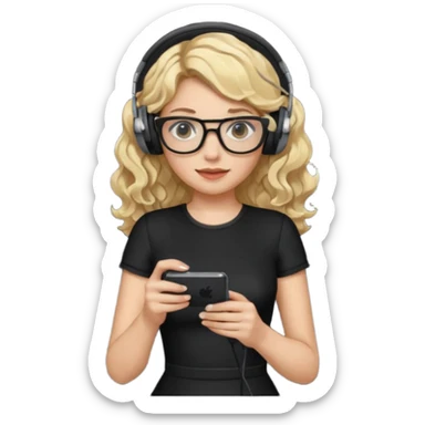 
gamer, woman with blond wavy hair, tight black dress with a white line with glasses, headphone, gamepad sticker