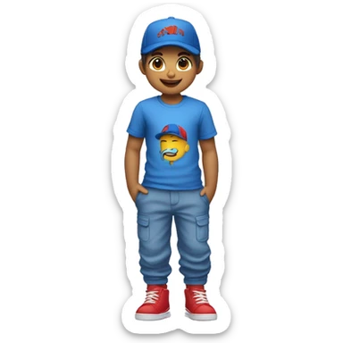 Hazme una imagen de un niño con gorra con el pelo azul y que tiene una camiseta de una x y un pantalón azul y zapatos rojos sticker