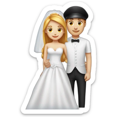 wedding couple blond man with black cap and white shirt, woman with medium red hair shirt with neckline sticker