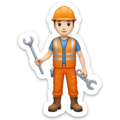 RAILWAY ENGINEER ORANGE VEST, TROUSERS, BOOTS, WITH SPANNER sticker
