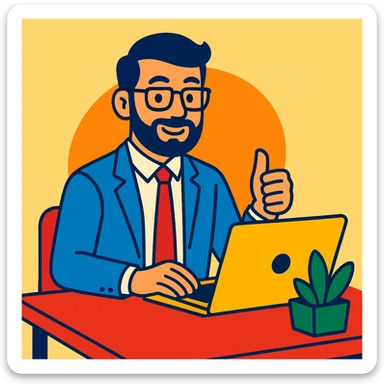 A 35-year-old male business coach sitting at a desk with a laptop sticker