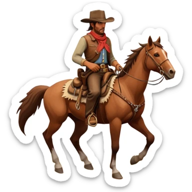 An icon representing an adventure game, inspired by Red Dead Redemption II. The design features a rugged cowboy riding a horse through a vast, open landscape with mountains, deserts, and wild animals. The atmosphere conveys exploration, action, and the thrill of the journey. Transparent background sticker