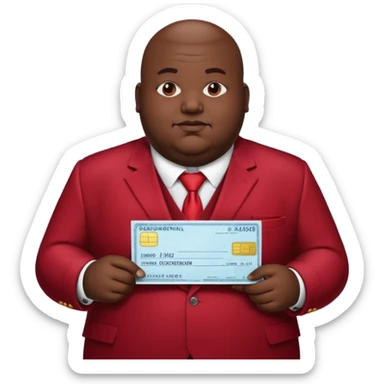 fat guy bold head in dark red velvet suit holding cheque sticker