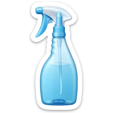 transparent plastic spray bottle filled with light blue liquid, clean trigger top, ergonomic shape, soft curves, slight shine, clarity and freshness, no label, no cloth, no window, closed spray bottle, soft lighting, subtle shadows, emoji scale sticker