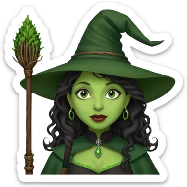 elphaba the wicked witch from wicked movie (cynthia erivo) dark long curly hair, thick lips, green skins, witch hat, witch broom, evil, wicked musical film  sticker