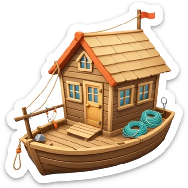 
cute fisherman house, small wooden seaside cabin, fishing nets, fishing boat sign, rope details, warm sunlight, coastal vibe, 3D cartoon, mobile game icon style, soft shadows, clean background, no text, no watermark
 sticker