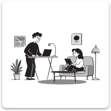 escenary 3d of a cozy mid-century living room with two people working on laptops, one man standing at a desk and one woman sitting on a couch, two walls and floor visible sticker