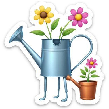 give me a watering can with legs. anthropomorphise the can. have the can watering 3 plants on the grown (flowers) sticker