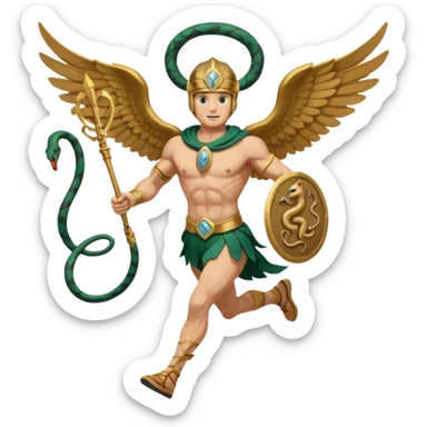 a guy (hermes) running with his caduceus (winged staff + two nakes) and a petasos on his head (winged helmet) sticker