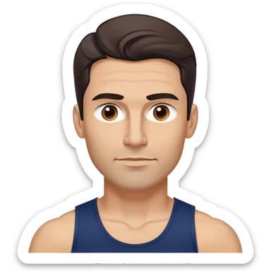 Youthful-looking athletic 40-year-old man with light brown skin, elongated face, defined jawline, attractive features, medium dark eyes, arched eyebrows, straight nose, confident expression, medium wavy dark hair with modern style, wearing a navy blue tank top sticker