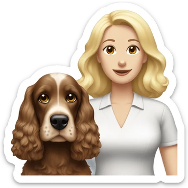 Dark brown cocker spaniel with white belly. With women with blonde hair sticker