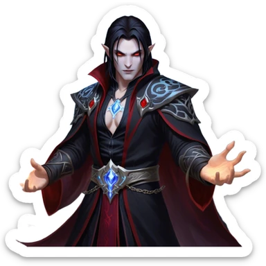 Cinematic Realistic WoW Vampire Mage Portrait, captured in a dynamic, battle-ready pose as he unleashes a torrent of arcane energy. His pallid skin and sleek dark hair contrast sharply with the flowing black robe adorned in silver filigree and glowing runes, while his crimson eyes radiate unyielding power. Rendered with intense, lifelike texture and dynamic, eerie lighting, high shine, embodying the fierce, relentless spirit of a dark sorcerer. sticker