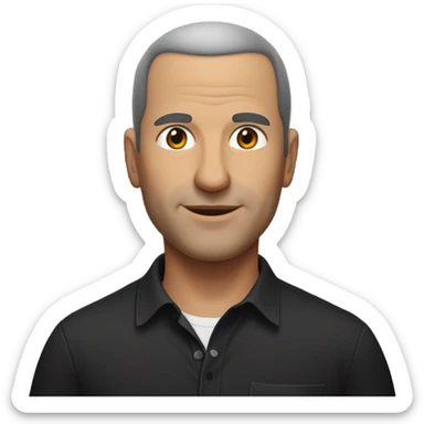 A middle-aged Italian man with olive-toned skin with buzz cut hair and no facial hair. He is wearing a sleek black smart shirt, casually unbuttoned at the top. sticker