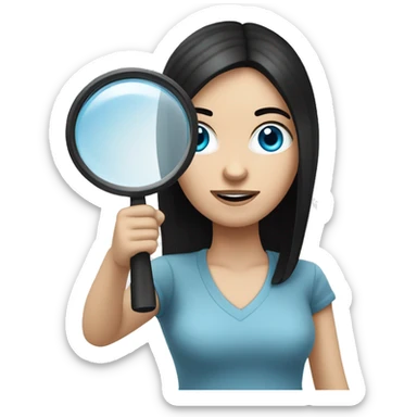 white Girl with black hair and blue eyes playing with magnifying glass sticker