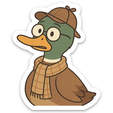 sweet mallard duck detective, wearing glasses and a plaid scarf, looking curious, soft illustration sticker