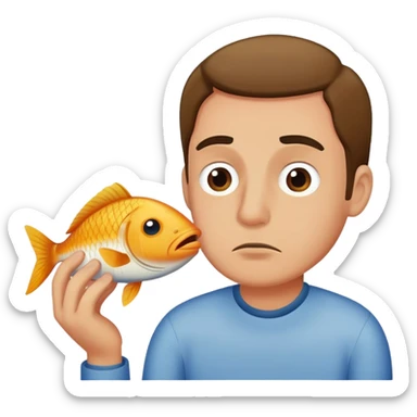 man smelling fish with a frown sticker