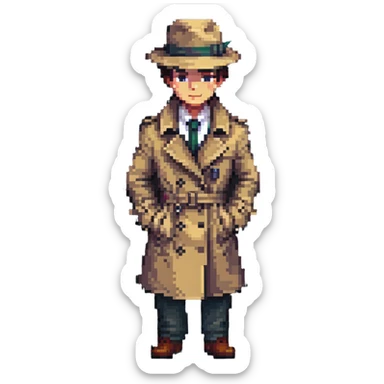 Штирлиц as a pixel art character, retro spy theme sticker