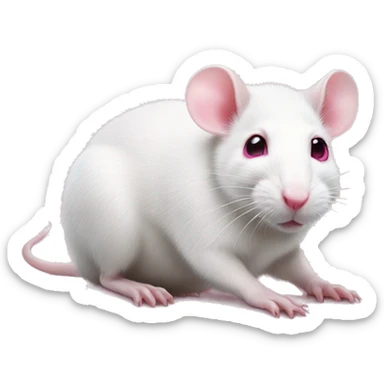 Realistic white rat with bright pink eyes lying down, full body and baby pink tail showing sticker