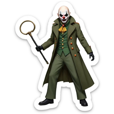 evil clown, bald, small black horns on forehead, fangs, pointed ears, eye patch over one eye, long coat over black and military green leisure suit with bellbottom pants, tail, holding an Indiana Jones-style whip, realistically proportioned, less bulky, full body, battle-ready, fighting posture sticker