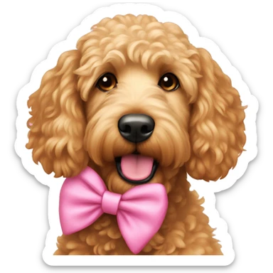 golden doodle wearing a pink bow on ears sticker