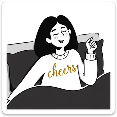 A woman with shoulder-length black hair, light to medium skin tone, full cheeks, and almond-shaped eyes, wearing a white sweater with the word 'cheers' in gold script, lying comfortably on a bed with soft lighting, joyful and radiant expression sticker