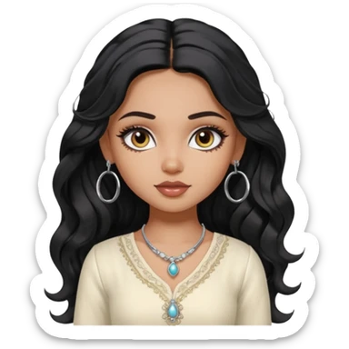 a pretty bratz dusky girl with long wavy black hair, kajal under eyes, small silver hoop. ivory coloured kurti sticker