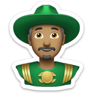 man with green hair green suit and large green top with gold strip hat goatee green cape sticker