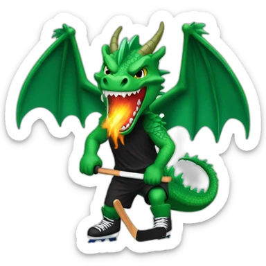 green dragon wearing a black t-shirt playing ice hockey and spitting fire from the mouth sticker