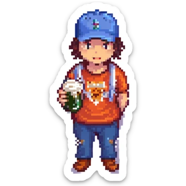 Change the hat to a baseball hat, keep pixel art style, guy drinking beer with no background. sticker