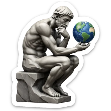 rodins sculpture the thinker but with a planet earth in its hand sticker