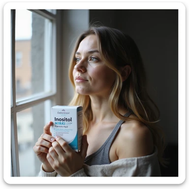realistic photo of a woman with PCOS standing near a window, holding a box of inositol, face with acne and facial hair, thin hair, relaxed expression, home environment, natural light sticker