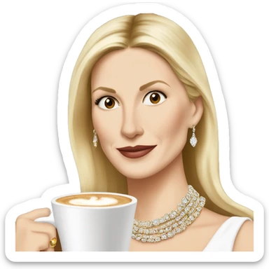 Kelly Rutherford with jewellery wearing white drinking cappucino sticker