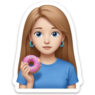 una ragazza dall‘ età di 19 anni con capelli castani chiaro lunghi e lisci ,  occhi celesti,  con addosso una maglietta con una ciambella e le cuffie airpods (bianche) ascoltando violetta sticker