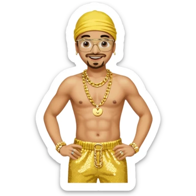 Ali G with yellow sequin baggy pants, shirtless with necklace sticker