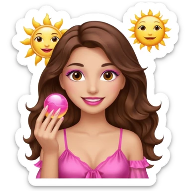 girl with long wavy brown hair, brown eyes, long lashes makeup, sexy pink lips, smiling, light to medium complexion, wearing a pink sexy silk top, holding the sun icon  sticker