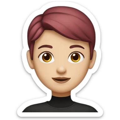 a white girl with burgundy short hair in a black T-shirt sticker