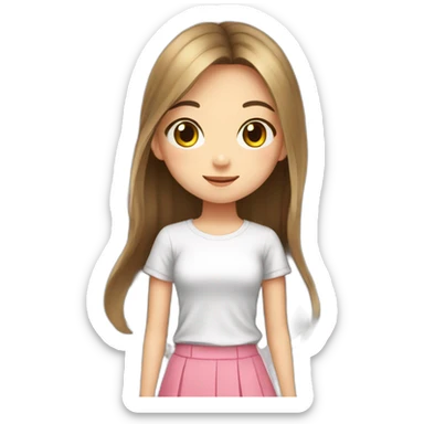 Japanese girl, 16, long hair, white T-shirt, pink miniskirt, shopping mall sticker