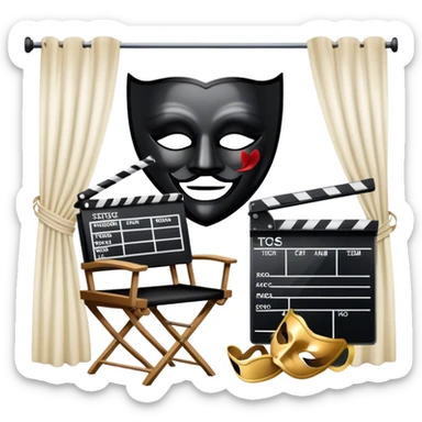 Icon for Acting in Theatre: a stage with curtains, a theater mask, a film camera, and a clapperboard. The design should represent theatrical performance and acting techniques. Transparent background. sticker