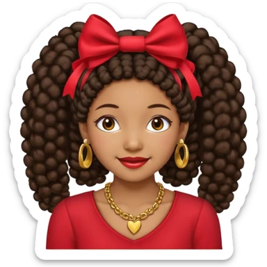 Brownskin girl dark brown hair afro pigtails with red bows brown eyes smiling closed mouth red shirt gold esrrings gold necklace sticker