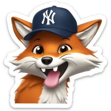 A furry fox wearing a Yankees cap, winking and sticking out its tongue sticker