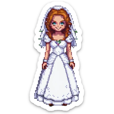 Chucky's bride in a wedding dress standing and smiling in pixel art style sticker