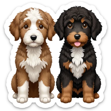 2 dogs: one light brown Aussiedoodle, one all-black Bernedoodle with white eyebrows some white markings, no brown coloring. Both same size. sticker