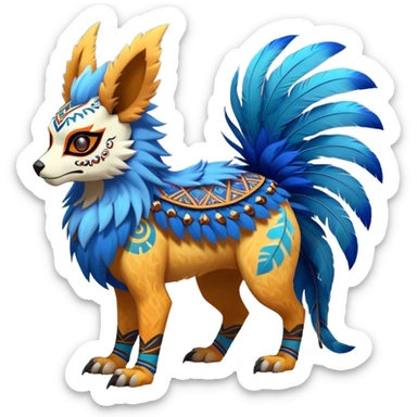 Furry cute colorful exotic tribal feral anime-styled Fakémon-Pokémon-animal-creature with a skull mask, and a feather-mane-collar, and blue feathers, with long furry ears, long furry tail, 4 legs, (full body), with intricate pattern-markings sticker