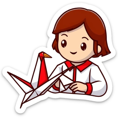 A happy Ukrainian young girl with brown hair in a white embroidered shirt makes an origami red crane craft sticker