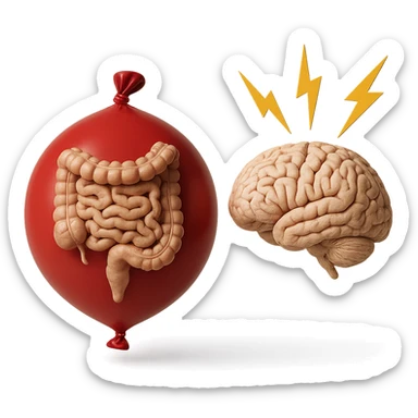 intestino umano anatomico chiuso in un palloncino rosso che simboleggia gonfiore, accanto un cervello anatomico con fulmini vicino che simboleggiano "stress", iperrealistico 4k sticker