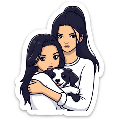 Kendall Jenner with long black hair holding a black Cane Corso dog sticker